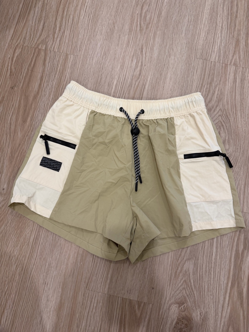 Women's Two-Tone Olive and Cream Athletic Shorts with Drawcord